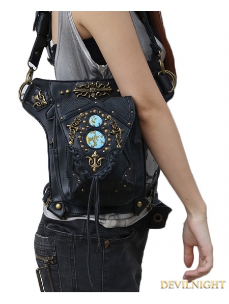 Black Gothic Punk Steampunk Rivets Cross-body Waist Shoulder Messenger ...