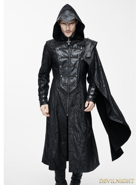 Black Leather Gothic Military Cloak Coat for Men - Devilnight.co.uk