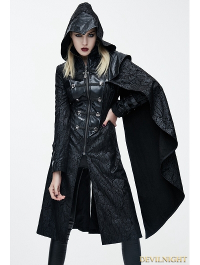 Black Leather Gothic Military Cloak Coat for Women