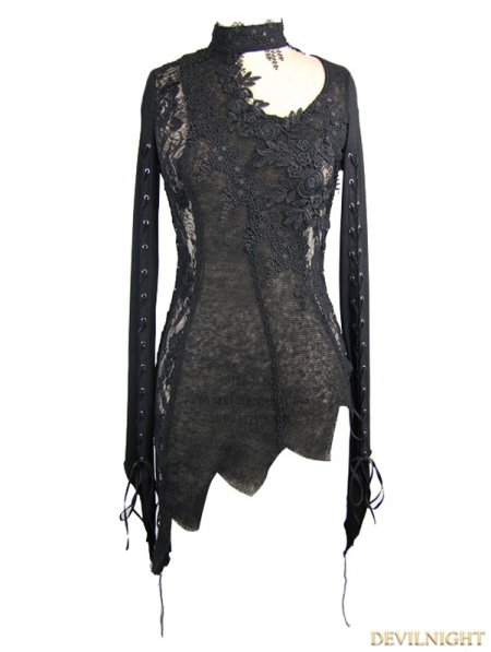 Black Gothic Lace Floral Sexy Asymmetric Shirt for Women - Devilnight.co.uk