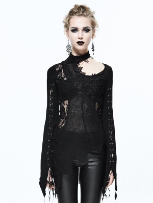 Black Gothic Lace Floral Sexy Asymmetric Shirt for Women