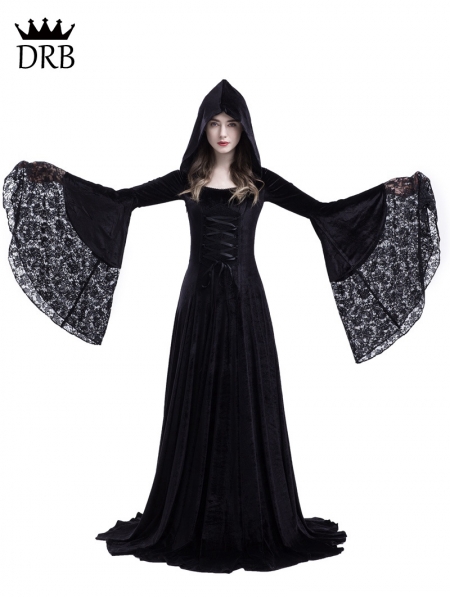 Black Gothic Medieval Vampire Hooded Dress Costume Uk