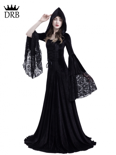 Black Gothic Medieval Vampire Hooded Dress Costume Uk