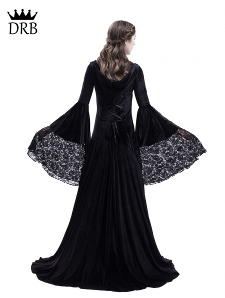 Black Gothic Medieval Vampire Hooded Dress Costume - Devilnight.co.uk