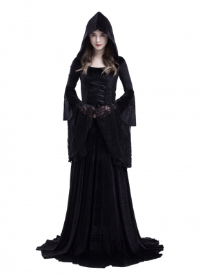 Black Gothic Medieval Vampire Hooded Dress Costume