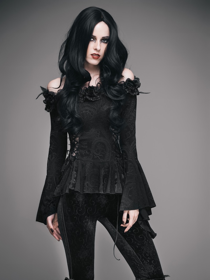 Black Vintage Pattern Romantic Gothic Flower Shirt for Women