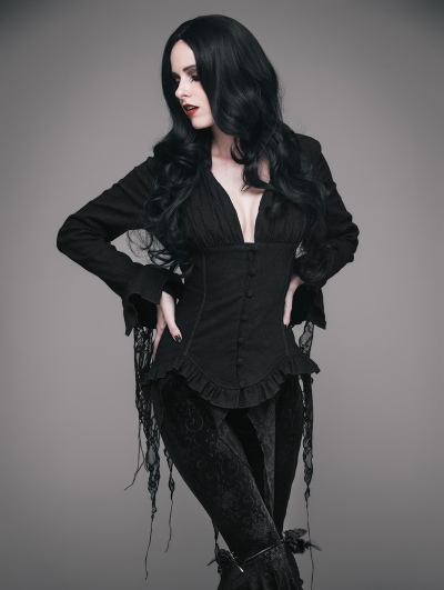 Black Gothic Sexy Deep V-Neck Lace Blouse for Women - Devilnight.co.uk