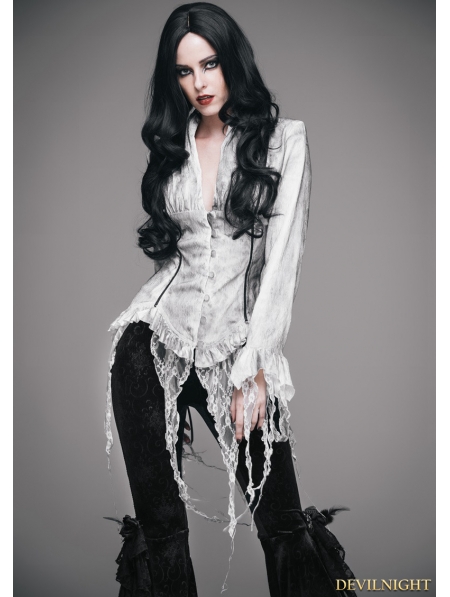 White Gothic Sexy Deep V-Neck Lace Blouse for Women - Devilnight.co.uk