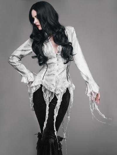 White Gothic Sexy Deep V-Neck Lace Blouse for Women