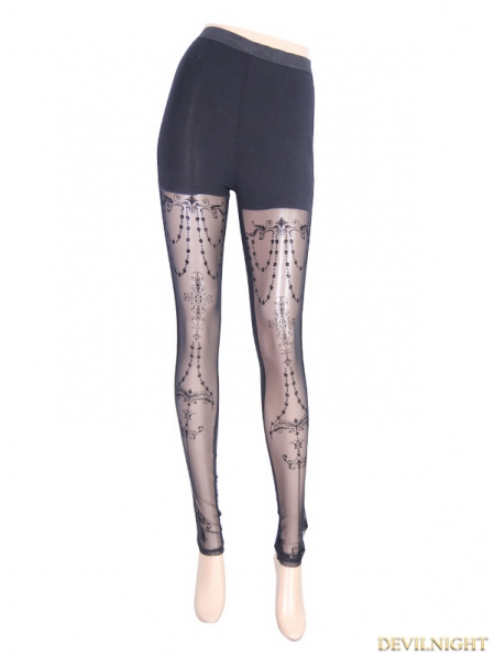 Black Vintage Pattern Gothic Leggings for Women - Devilnight.co.uk