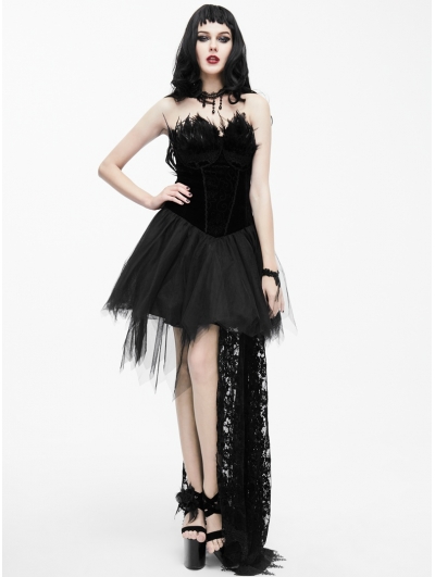 Black Gothic Feather Lace Short Dress