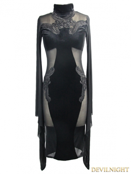 Black Gothic Long Trumpet Sleeves Sexy Velvet Dress - Devilnight.co.uk