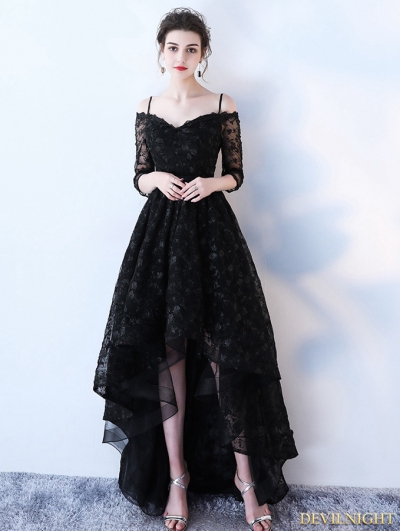Black Gothic Lace Off-the-Shoulder High-Low Wedding Dress