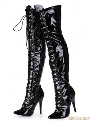 Black Gothic High Heel PU Leather Over knee Lace up Boots 