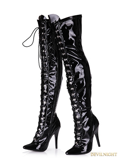 Black Gothic High Heel PU Leather Over knee Lace up Boots 