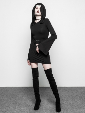 Black Gothic Witch Belt Short Hooded Dress