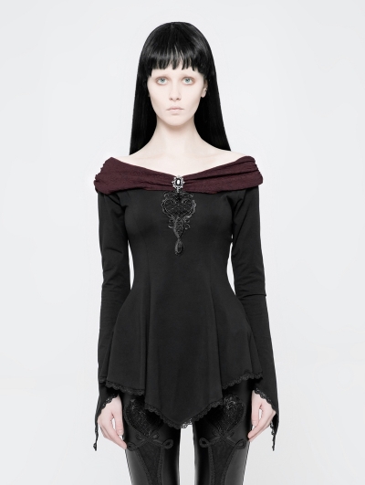Black Gothic Off-the-Shoulder Asymmetric T-Shirt for Women