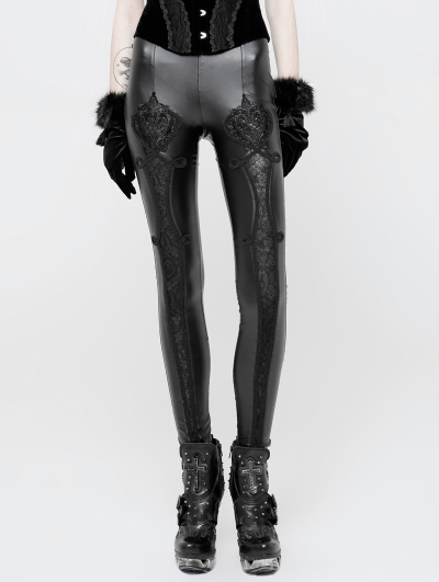 Black Gothic PU Love Floral Leggings for Women