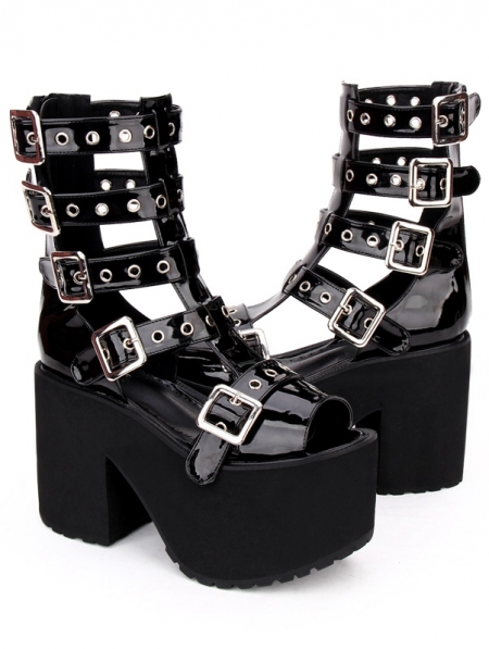 Black Gothic Punk Rivet Belt Platform Sandals - Devilnight.co.uk