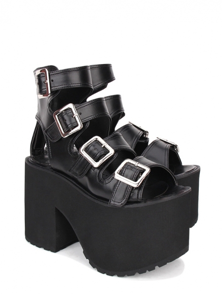 Black Gothic Punk Buckle Belt Platform Sandals - Devilnight.co.uk