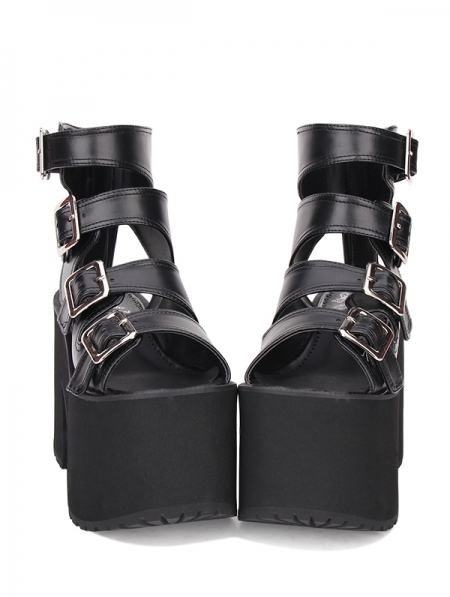 Black Gothic Punk Buckle Belt Platform Sandals - Devilnight.co.uk