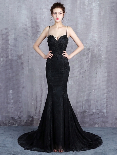 Black Gothic Lace Appliqued Sexy Mermaid Wedding Dress