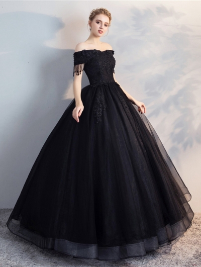 Black Gothic 3D Flower Bridal Gown With Cape Alternative Beaded Train Wedding  Dress – Yelure UK