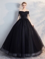 Black Gothic Off-the-Shoulder Lace Appliqued Ball Gown Wedding Dress