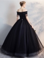 Black Gothic Off-the-Shoulder Lace Appliqued Ball Gown Wedding Dress