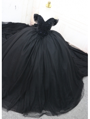 Black Gothic Off-the-Shoulder Beading Ball Gown Wedding Dress