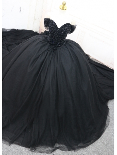 Black Gothic Off-the-Shoulder Beading Ball Gown Wedding Dress