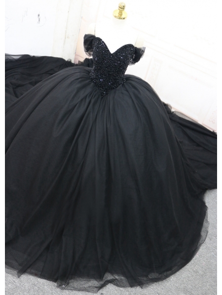 Black Gothic Off-the-Shoulder Beading Ball Gown Wedding Dress ...