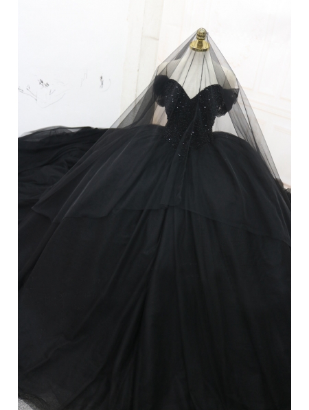 Black Gothic Off-the-Shoulder Beading Ball Gown Wedding Dress ...