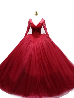 Red Gothic Beading Long Sleeves Ball Gown Wedding Dress