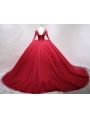 Red Gothic Beading Long Sleeves Ball Gown Wedding Dress