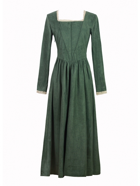 Green Long Sleeves Vintage Medieval Inspired Dress - Devilnight.co.uk
