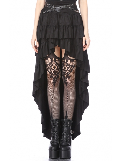 Black Gothic Punk Rivet Belt High-Low Skirt