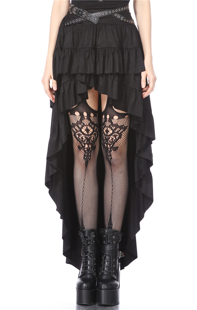 Black Gothic Punk Rivet Belt High-Low Skirt