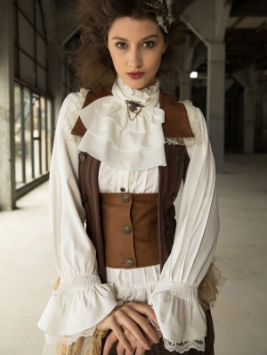 Women's White Steampunk Long Sleeve Blouse with Detachbale Bowtie 