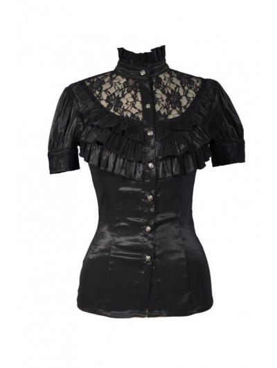Black High Collar Short Sleeves Lace Womens Gothic Blouse