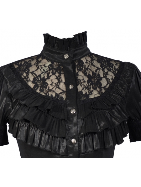 Black High Collar Short Sleeves Lace Womens Gothic Blouse - Devilnight ...