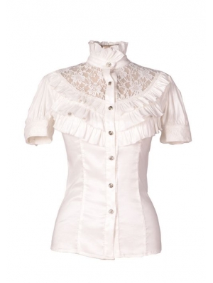White High Collar Short Sleeves Lace Womens Gothic Blouse