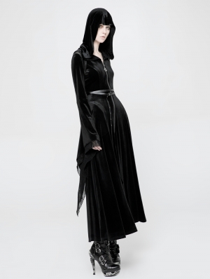 Black Gothic Witchy Velvet Long Hooded Coat for Women