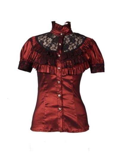 Red High Collar Short Sleeves Lace Womens Gothic Blouse