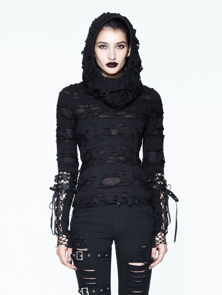 Black Gothic Hole Hooded Long Sleeves Shirt for Women - Devilnight.co.uk