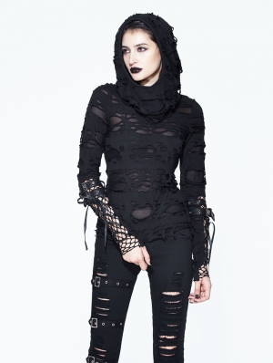 Black Gothic Hole Hooded Long Sleeves Shirt for Women