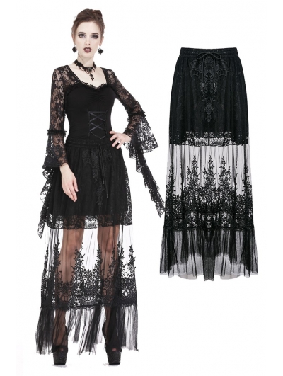 Black Gothic Lace Flower Long Skirt