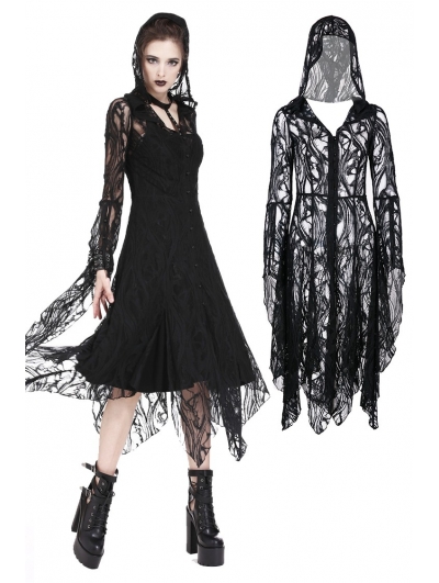Black Gothic Lace Long Hooded Coat for Women