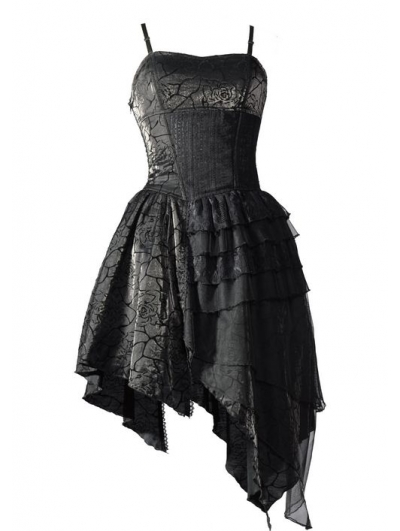 Spaghetti Strap Black Gothic Party Dress with Irregular Skirt