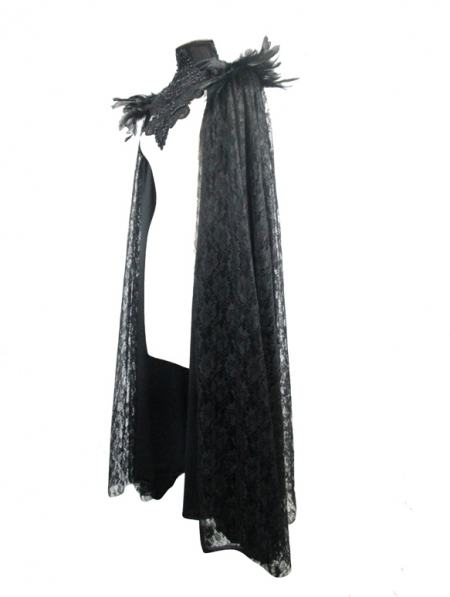 Black Gothic Lace Dark Queen Long Cape for Women - Devilnight.co.uk